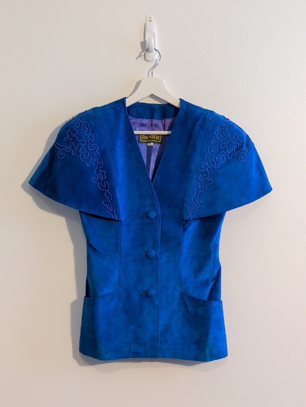 VINTAGE DANIER LEATHER royal blue suede short sleeve blazer - size small